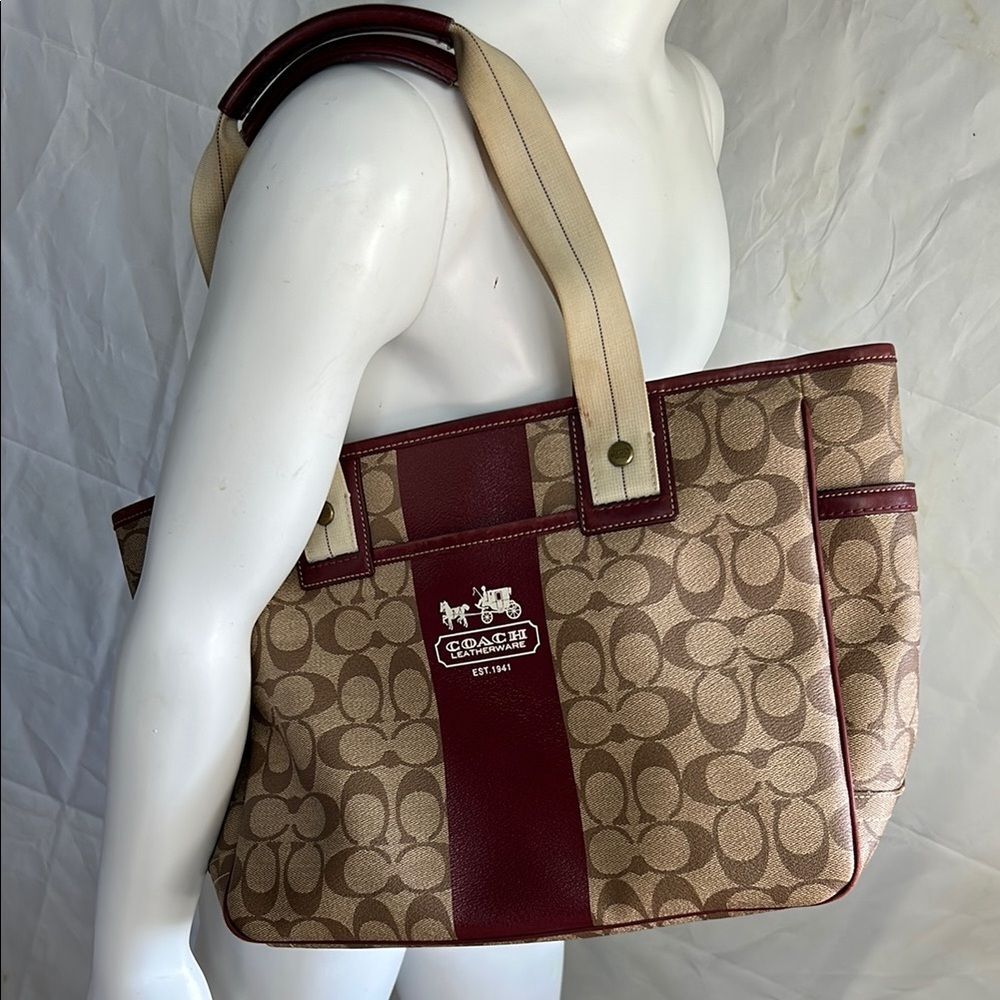 Coach Signature Canvas Tote - Burgundy and Beige